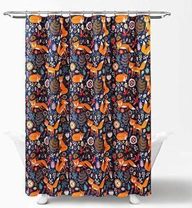 Lush Decor Pixie Fox Shower Curtain-Fabric Floral Animal Print Design, x 72”, Navy
