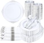 Nervure 350PCS Silver Plastic Plates - Silver Plastic Dinnerware Sets for 50 Guests - 100 Silver Disposable Plates, 150 Silver Plastic Silverware, 50 Cups, 50 Napkins for Wedding & Party