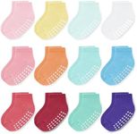 JAKIDAR 12 Pair Baby Toddler Socks Non-Slip Grip Cotton Ankle Socks for Boys Girls Non Skid Soles for Infants Kids, Rainbow, 2-4T