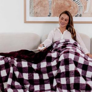 Dreamaker Gingham Plush Fleece & Warm Flannel Electric Heated Throw Blanket 160x130cm Machine Washable Soft Plush Reversible Snuggle Rug Energy Efficient Overheat Protection 9 Heat Settings - Cherry