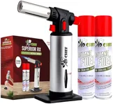 Jo Chef Kitchen Torch with Butane Included – Refillable butane torch Lighter with Safety Lock & Adjustable Flame, Culinary Blow Torch for Cooking, Creme Brulee and Soldering 2 Cans (3.38oz) Included