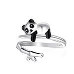 Qings Panda Bear Ring for Women Girls Sterling Silver 925 Animal Adjustable Open Cute Black Enamel Wrap Thumb Finger Ring Panda Bamboo Raccoon Paw Jewelry Birthday Gift