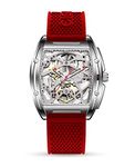 CIGA Design Automatic Mechanical Watch - Z Series Skeleton Stainless Steel Analog Wristwatch Tonneau Sapphire Crystal for Men Women with Leather and Silicone Strap(Red)