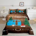 Erosebridal Happy Camping Comforter Vintage Farmhouse Bedding for Girls Boys Blue Buffalo Camper Car Bedding Sets & Collections King Size 3Pcs with 2 Pillow Sham,Retro Brown Wooden Down Comforter