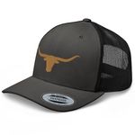 RIVEMUG Old Gold Longhorn Trucker Hat Mid Crown Curved Bill Texas Western Country Rodeo Cowboy Farm Ranch Snapback Cap, Charcoal/ Black, One Size