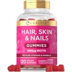 Hair Skin and Nails Gummies | 5000mcg Biotin | 120 Gummies | with Vitamins A, B12, B6, C, D, E & Zinc | Natural Raspberry Flavour | by Carlyle