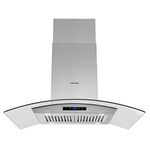 FIREGAS Island Range Hood 36 inch 450 CFM with Chimney,Tempered Glass,4 LED Lights,3 Speed Fan,Touch Control,Permanent Filter,Charcoal Filter,Stainless Steel,Island Mount,Ceiling Mount