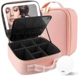 MOMIRA Travel Makeup Bag Cosmetic Bag with Lighted Mirror, Adjustable Brightness in 3 Color Scenarios, Waterproof, 10x Magnifying Mirror, Rotatable Independent Light Mirror- Pink(Solid)