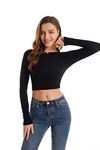 ACANI Black Crop Tops for Women Ribbed Women's Long Sleeve Slim Fit Black Crop Tops Basic Stretchy Lightweight Button-Down Button-Down(Black Medium)