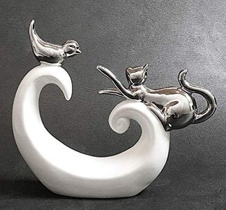 Decorazione alla Moda con Gatto e Uccello Che Giocano - Decorazione Gatto Bianco e Argento in Ceramica - Moderna Figura di Gatto Alta 21cm - Figura Deco con Gattino - Statua Ideale Come Regalo