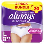 Always Discreet Incontinence Pants Women Large, L, UK 16-22, White, Absorbency 6, 20 Disposable Underwear Women / Knickers (10 x 2 Packs), Adult Diapers For Women