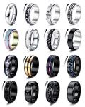 FIOROYAL 16 Pcs Mens Rings Silver Black Stainless Steel Stress Relief Anti Fidget Anxiety Ring Spinner Band Spinner Rings Wedding Engagement Promise Men's Rings Set Size-v10