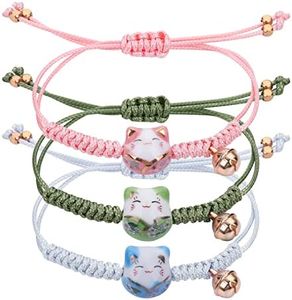 Yolev 3 Piezas Pulsera de la Suerte Gato Maneki Neko Pulsera Lindo Gato de la Suerte de Cuentas Cerámica de Fortuna Trenzada de Cuentas de Cerámica Pulsera de Amuleto de Suerte con Campana Ajustable