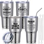 Uiifan 4 Sets Coach Thank You Gifts Best Coach Ever Tumbler Coach Mug with Lids Straws 30 oz Stainless Steel Coach Tumbler Coach Appreciation Gift for Men Women(Silver)