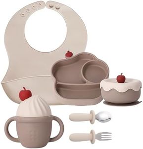 Cozy Rock Silicone Baby Feeding Set, Gelato Collection Baby Led Weaning Supplies, First Self-Feeding Set with Suction Bowl & Plate, Sippy Cup & Bib, Fork & Spoon - Brown