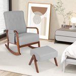 Giantex Rocking Chair with Ottoman, Upholstered Rocker Chair w/Solid Rubber Wood Frame, Side Pocket, Linen Nursery Chair w/Footrest, Tufted Glider Chair for Living Room, Bedroom, Grey