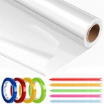 Cellophane Wrap, Frendour 40cm x 30m Clear Cellophane Wrap Roll,3 Mils Thickness Wrapping Paper Roll with 50 Colorful Pull Bows&4 Rolls Ribbon for present Packaging of Halloween, Birthday.