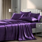 P Pothuiny 6 Pieces Full Satin Sheets Luxury Silky Purple Satin Bedding Sheet Set, 1 Deep Pocket Fitted Sheet + 1 Flat Sheet + 4 Pillow Cases