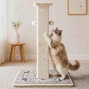 Catails Tall Cat Scratching Post for Indoor Cats Adults, 33'' Large Cat Scratch Post with Perch, Cute Cat Scratching Post with Boho Carpet & Dangling Ball Toys, White