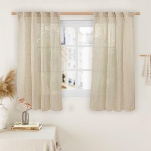 LAMIT Semi Sheer Linen Curtains 48 Inch Length 2 Panels, Light Filtering Panels Back Tab and Rod Pocket Neutral Drapes for Kitchen/Window/Loft Room, 34 x 48 Inch