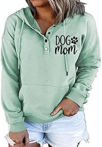 MUZHI Womens MOM Mode Hoodies Sweatshirts Casual Long Sleeve Half Button Down Pullover Drawstring Loose Tops with Pockets, Dog Mom Mint Green, Large