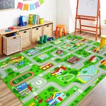 Capslpad Green Car Road Kid Rug Carpet Playmat for Playoom Traffic Road Kids Play Mat for Toddler Non Slip Washable City Map Race Track Carpet Rug for Kids Room Bedroom Nursery Room Decor,6.6'x5'