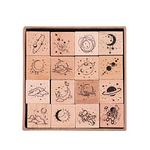 RISYPISY 16 Pieces Vintage Wooden Rubber Stamps, Universe & Galaxy Decorative Rubber Stamp Set, Wood Mounted Rubber Stamps for Arts and Crafts, Bullet Journals, Card Making, Scrapbooking