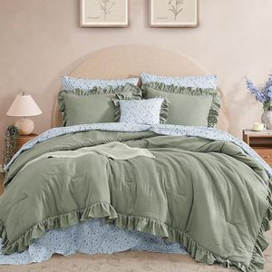 BLOOMHAVEN Twin XL Comforter Set - 5 Pieces Ruffle Sage Green Bedding Sets, Shabby Chic Farmhouse Bed in a Bag Twin XL with Ruffle Comforter, Floral Sheets, Pillowcases & Shams
