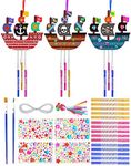 Benvo 10 Pack Wood Wind Chime Make Your Own Chimes Pirate Ship Ornaments Wooden Chime Kits with Gem Diamond Stickers for DIY Arts and Crafts Kids Birthday Party Gift Making Children Craft Fun