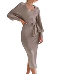 Chriselda Dresses for Women 2023 Fall Fashion Trendy Casual Clothes Outfits Elegant Semi Formal Midi Bodycon Sweater Dress V Neck Long Sleeve Ribbed Knit with Slit,Khaki,L