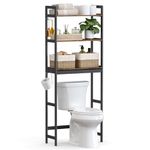 SONGMICS Over-The-Toilet Storage, 3-Tier Bathroom Organizer Over Toilet with Adjustable Shelves, Hooks, Toilet Paper Holder, Multifunctional Bathroom Shelf, Rustic Brown and Ink Black UBTS012B01