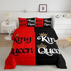 Erosebridal King and Queen Crown Bedding Set Red Black Mr Mrs King Comforter Set for Adults Couple Men Women,Valentine's Day Wedding Gifts,his and Hers Quilt Bedding 2 Pillow Cases Bedroom Decor