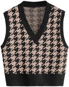 SweatyRocks Women's Sleeveless V Neck Knit Sweater Vest Houndstooth Crop Tank Top Apricot Large