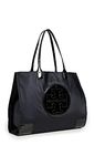 Tory Burch Ella Women's Lightweight Faux Leather Trim Signature Tote Handbag, Black Patent