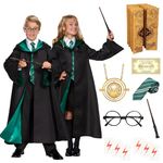 Wizard Costume Cosplay, Wizard Robe Magician Costume Cosplay set with Gryffindor Robe Magic Wand Glasses Tie Necklace Harry Wizard costume for Kids Halloween Carnival Cosplay Fancy Dress Party 145cm