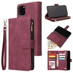 UEEBAI Wallet Case for iPhone 11 6.1 inch, Premium Carbon Fibre PU Leather Case Handbag Zipper Pocket Case Card Slots Kickstand Magnetic Closure Wrist Strap Shockproof Flip Cover - Wine Red