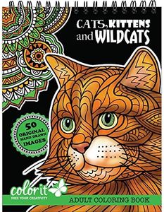 Cats, Kittens, and Wildcats Adult Coloring Book - Features 50 Original Hand Drawn Designs Printed on Artist Quality Paper with Hardback Covers, Top Perforated Pages, and Bonus Blotter