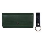 Hawai Genuine Leather Stylish Deep Green Wallet with Key Chain for Women and Girls | 4 Compartment | 5 Zippered Pocket | 2 Photo ID Window | 3 Card Slots |