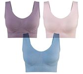 Boobbandit 3-Pack Seamless Sports Bra Wirefree Yoga Bra with Removable Pads for Women (Pink, Blue, Purple, 6-8)