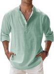 Men's Cotton Linen Henley Shirt Male Long Sleeve Casual Beach T Shirts Man Slim Fit Lightweight Vacation Button Tee (Large,Light Green)