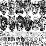 Yezunir 63 Sheets Black Wolf Tiger Lion Temporary Tattoos For Women Men Kids Arm Sleeve, Halloween Scary Skull Skeleton Fake Tattoo Stickers Adults, 3D Long Lasting Tattoos Temporary Tribal Owl Flower