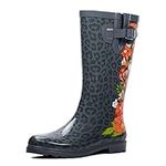 landchief Rain Boots for Women, Waterproof Ladies Tall Knee High Rubber boots,Comfort Garden Boots Anti-Slip Mid Heel Women Rain Shoes Outdoor, Red Flowers, 8