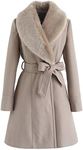 CHICWISH Women's Taupe Faux Fur Wide Lapel Turn Down Shawl Collar Belted Flare Wool Blend Coat