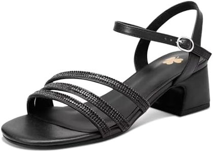 Women's Rhinestone Block Heel Sandals - Open Toe Ankle Strap Dress Sandals for Wedding Party Evening Available in Black, Gold, Silver