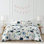 Sweet Jojo Designs Navy Blue and Pink Watercolor Floral Girl Full/Queen Size Kid Childrens Bedding Comforter Set - 3 Pieces - Blush, Green and White Shabby Chic Rose Flower