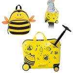 Goplus 2 PCS Kid Luggage Set, 18” Ride on Suitcase W/Spinner Wheels, 12” Backpack Set W/Anti-Lost Rope, Carry Strap, Sit on Rolling Carry on Luggage for Girls Boys Travel (Yellow Bee)