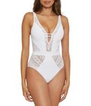 BECCA Women's Color Play One Piece Swimsuit, Plunge Neck, Crochet, Bathing Suits, White, Medium