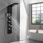 ROVATE Rainfall Waterfall Shower Panel Tower System, Stainless Steel Bathroom Shower Tower with 5 Rain Body Massage Jets and 3 Sets Handheld Shower, Shower Cloumn Wall Mounted Black