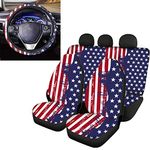 Coloranimal Universal Fit 4 PCS American Flag Pattern Car Seat Cover Full Set Front Rear Seat Cover Cushion Pads with Auto Steering Wheeel Accessories