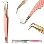 AVXIGO FIELD Professional 90-Degree Precision Tweezer for Eyelash Extensions (Baby Pink), Diamond Grip Fiber Tip Lash Tweezer Stainless Steel - Complete with Mascara Brush, Storage Box and Tube Case